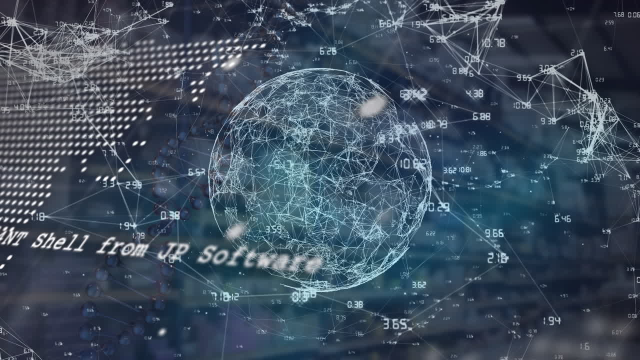 Animation of globe, data, connections and world map on black background