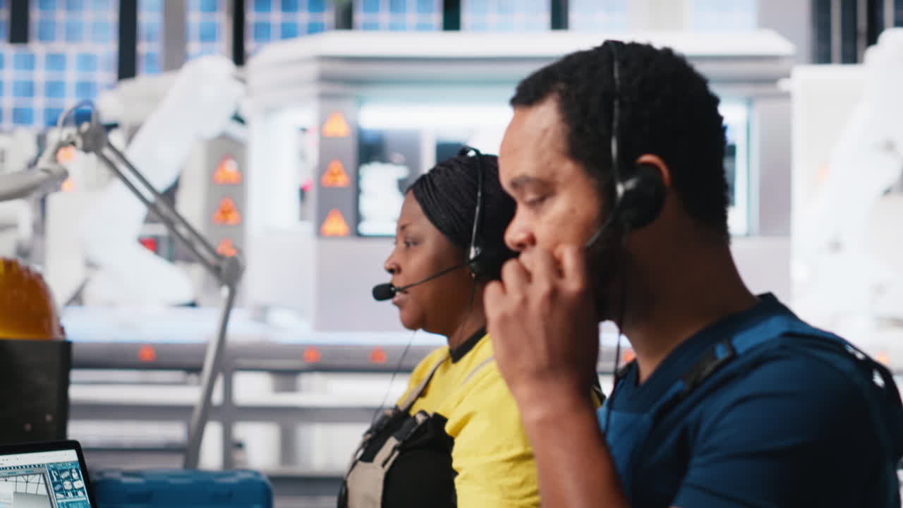Vertical Video Engineer provides technical support via headset in solar panel factory