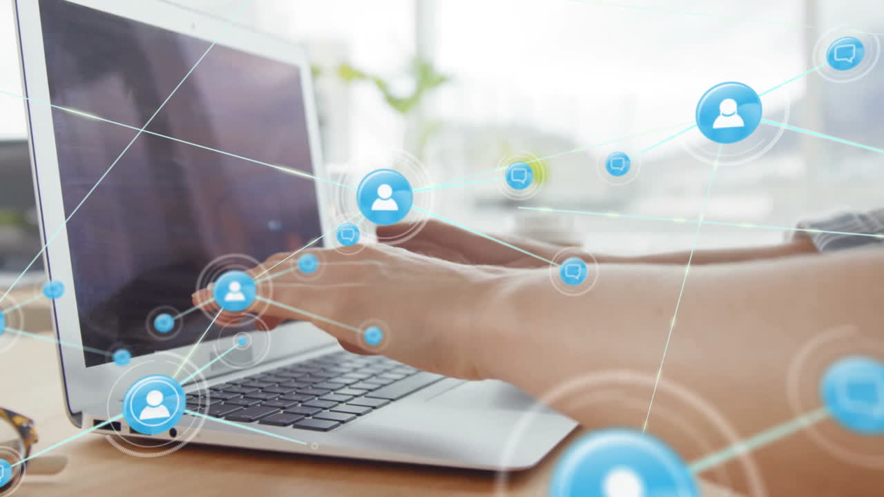 Hands typing on laptop with digital network connections overlay animation