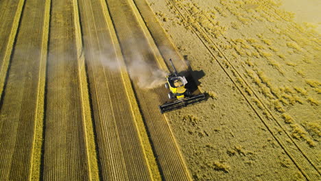 high angle view of combine harvester harvesting grain crops on farm land