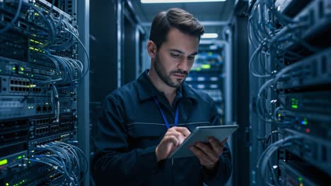 a focused technician analyzing data on a tablet inside a server room, surrounded by cable management and network equipment