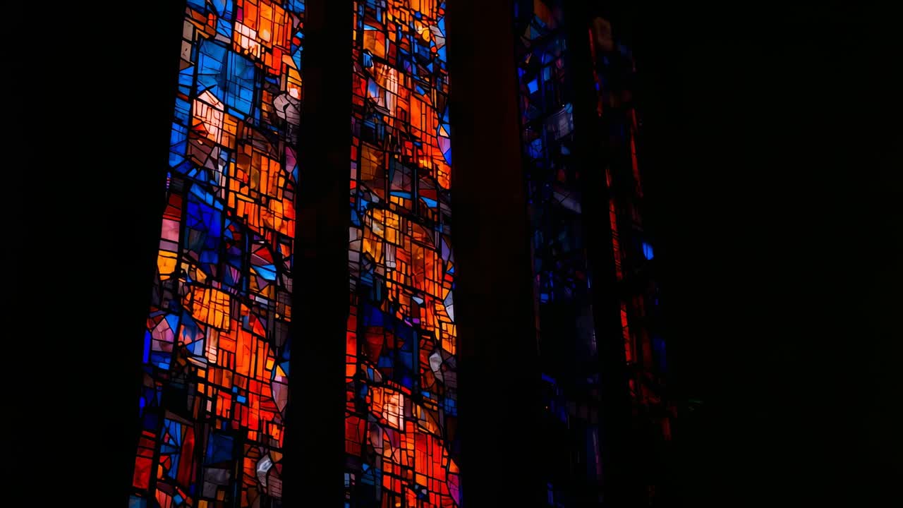 Camera tilting and zooming out in dim sanctuary, revealing three panels with mosaic glow