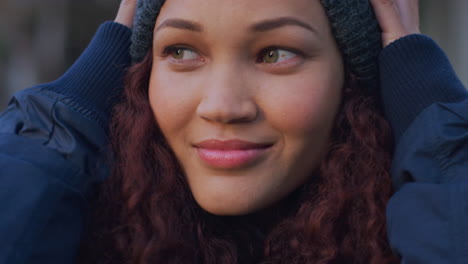 beanie, happy and portrait of woman in winter