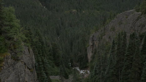 Camera-pans-downward-gazing-into-a-rocky-ravine,-revealing-trees-and-a-stream-below