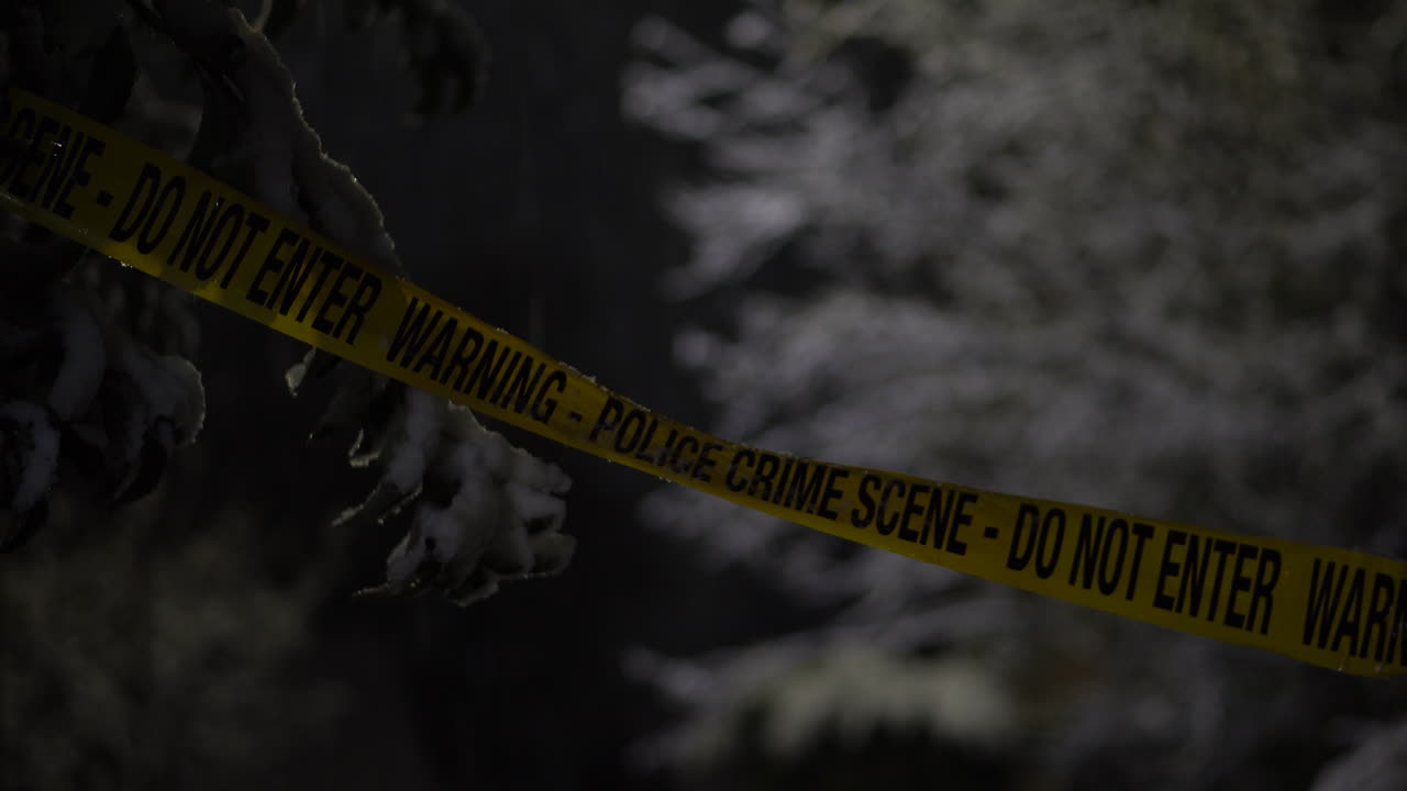 Police Crime Scene Tape Ribbon in Snowy Winter Night in Forest, Snow Capped Trees