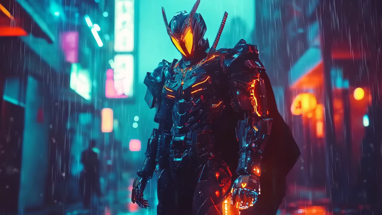 Cyberpunk Ninja Mech in a Rain-Soaked City