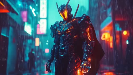 cyberpunk ninja mech in a rain-soaked city