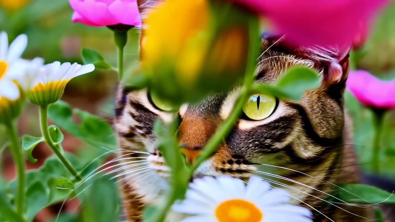 gato en un campo de flores