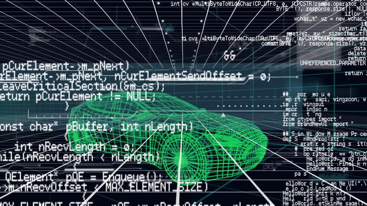 Animation of data processing over 3d car model spinning over grid network against black background