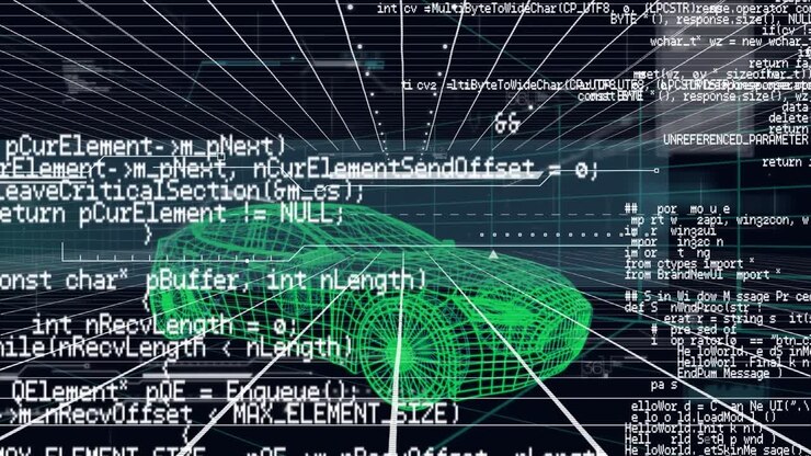 Animation of data processing over 3d car model spinning over grid network against black background