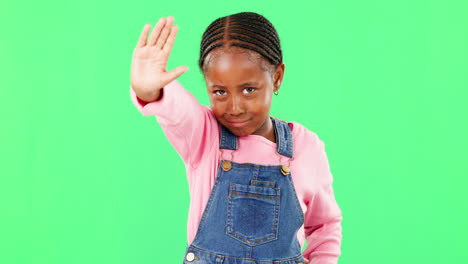Stop,-green-screen-and-child-with-angry-hand