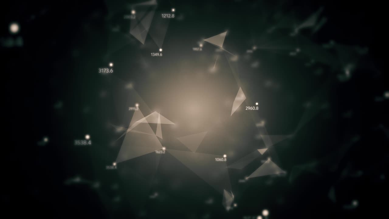 추상적인 컴퓨터 생성 원활한 루프, 혼란스러운 느리게 움직이는 점, 선, 삼각형, 무작위 숫자 배경에서 기하학적 움직임.