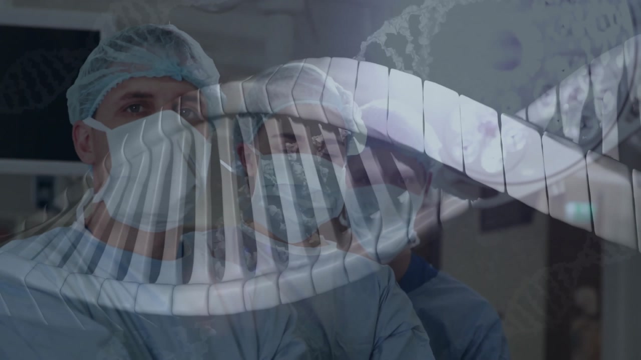Surgical team observing rotating 3D DNA helix materializing over torsos for gene analysis in OR