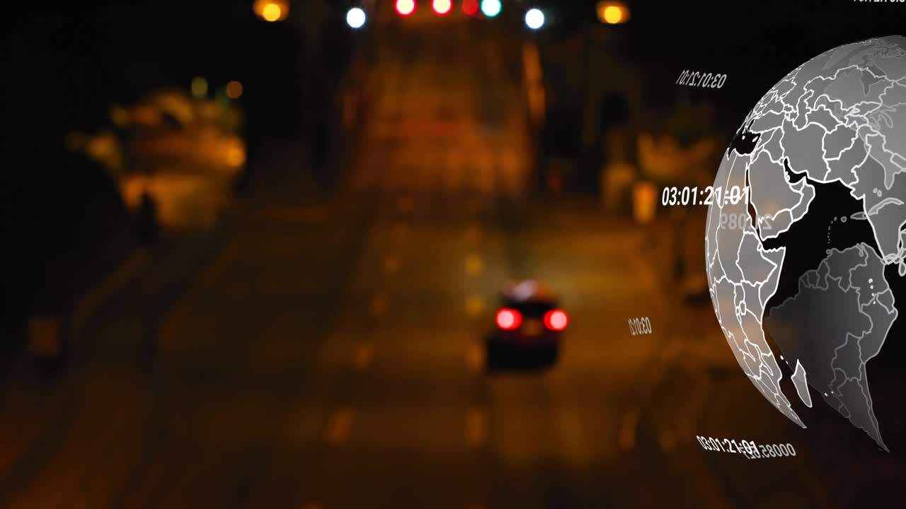 3D globe emerging from left triggered by taillight bokeh, rotating and showing traffic timestamps