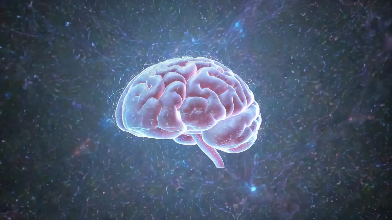 Modello cerebrale iniziale che ruota in senso orario sullo sfondo di particelle cosmiche, evidenziando le pliche neurali