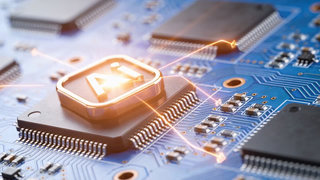 Landing metallic Ai emblem settling onto chip at blue PCB, emitting orange traces connecting nodes