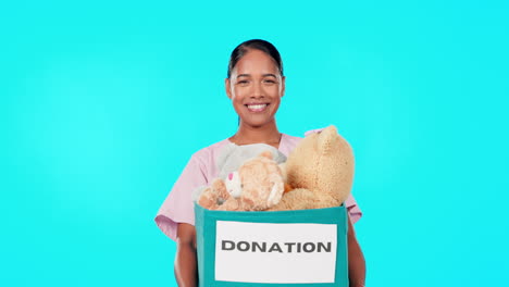 Donation-box,-happy-woman-and-face-isolated