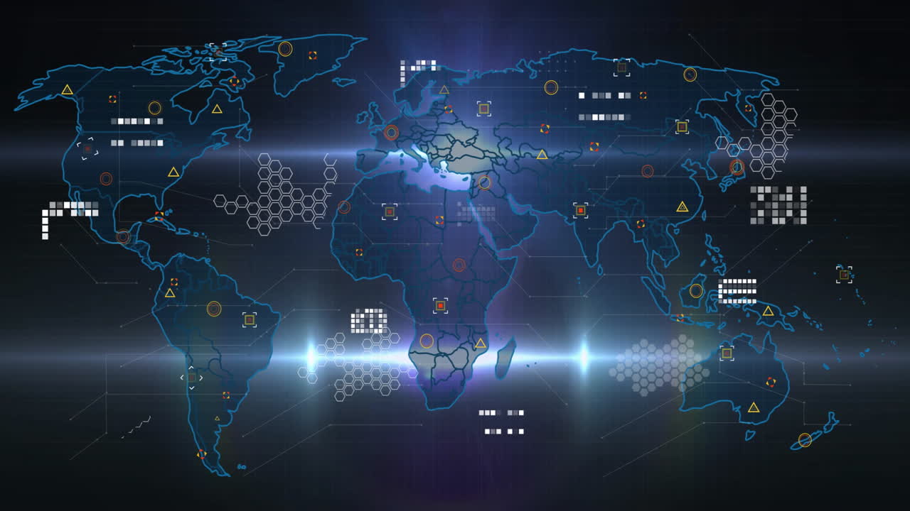 In animation, digital world map showing data points and network connections