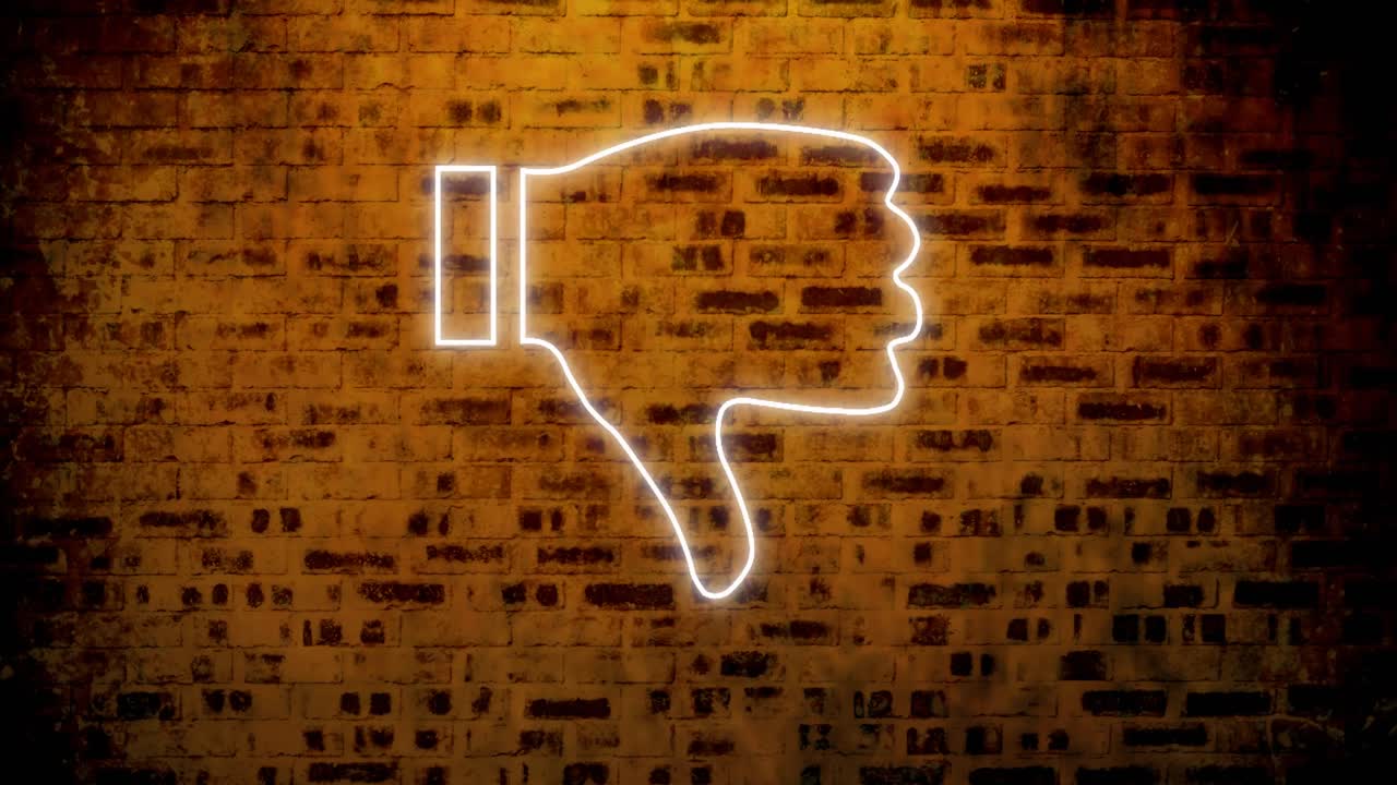 animación del icono del pulgar hacia abajo de neón brillante en la pared de ladrillo