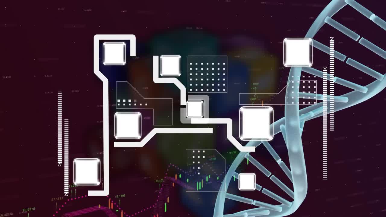 Animation of data processing and dna strand on black background