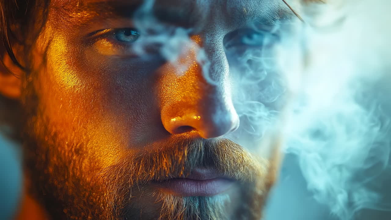 Man with striking blue eyes. A man gazes intensely, showcasing his blue eyes and facial features illuminated by warm lighting
