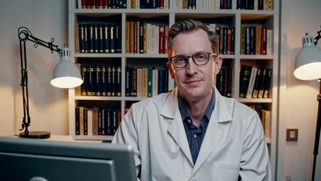 portrait of a male doctor wearing glasses and lab coat sitting in his office, smiling and looking at camera with a reassuring expression, in front of a large library