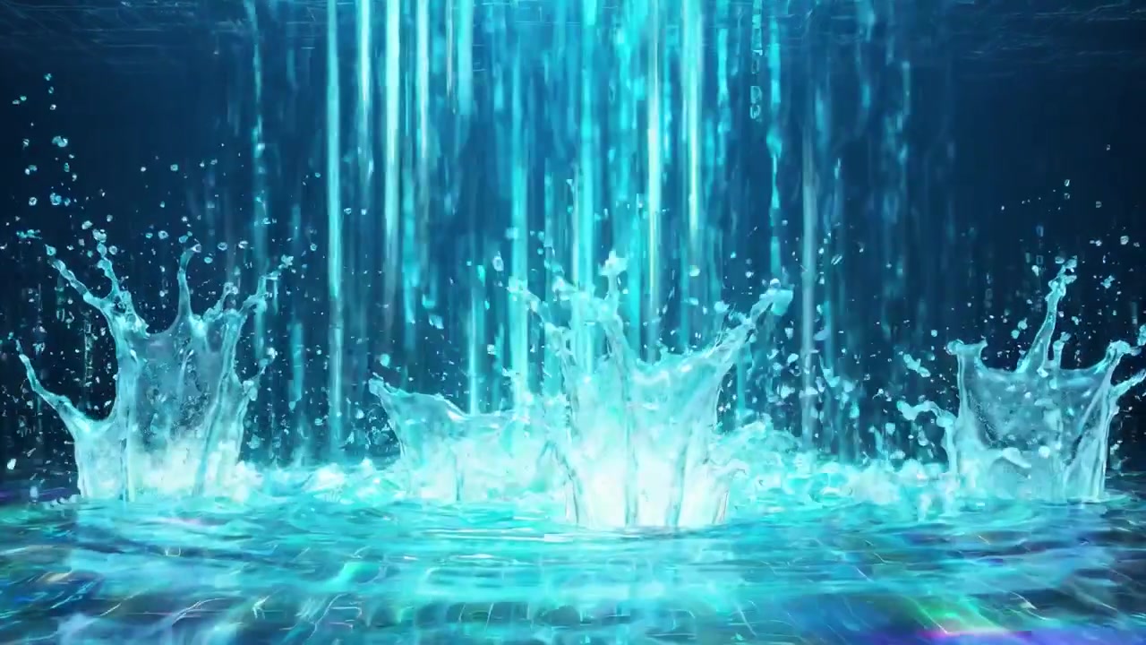 Flusso di dati digitali astratto con schizzi d'acqua luminosi.