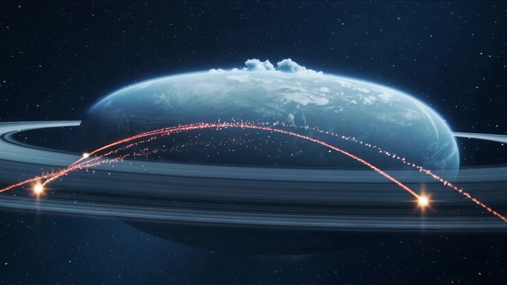Ringed planet showing right spark sending trail, linking to left flare, forming arc from magnetism