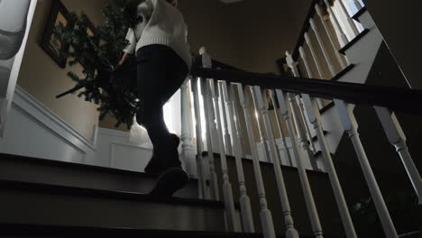 mujer lleva arriba el árbol de navidad