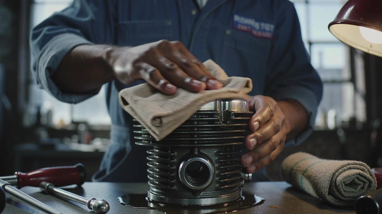 Placing cloth, mechanic in blue shirt rubbing cylinder at garage bench under lamp, polishing metal