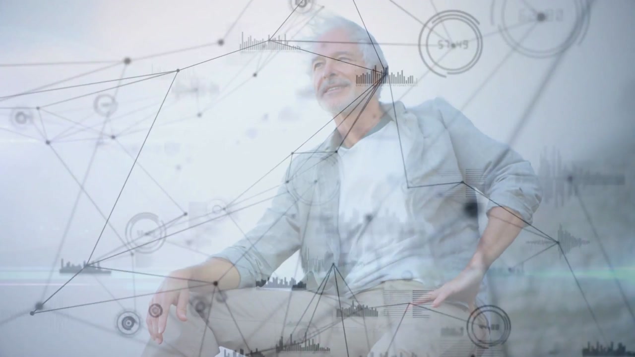 Vertical video: Noticing network graphics mature man in light shirt turning head on bench by shore