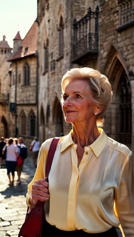 older woman strolling through a medieval village, enjoying the vacations.