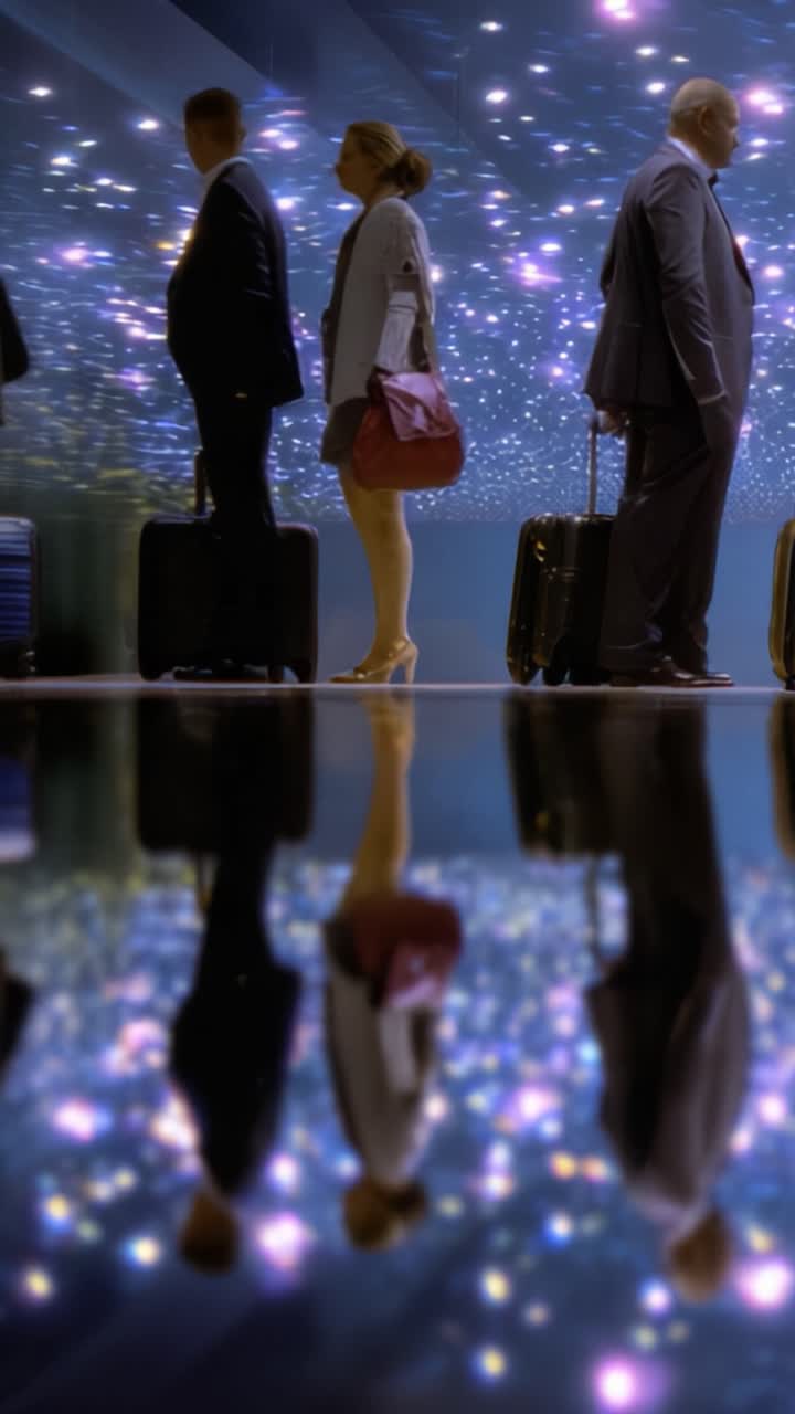 Un gruppo elegante di persone con bagagli in un ascensore scintillante, che riflette un'incantevole serie di luci in un ambiente moderno.