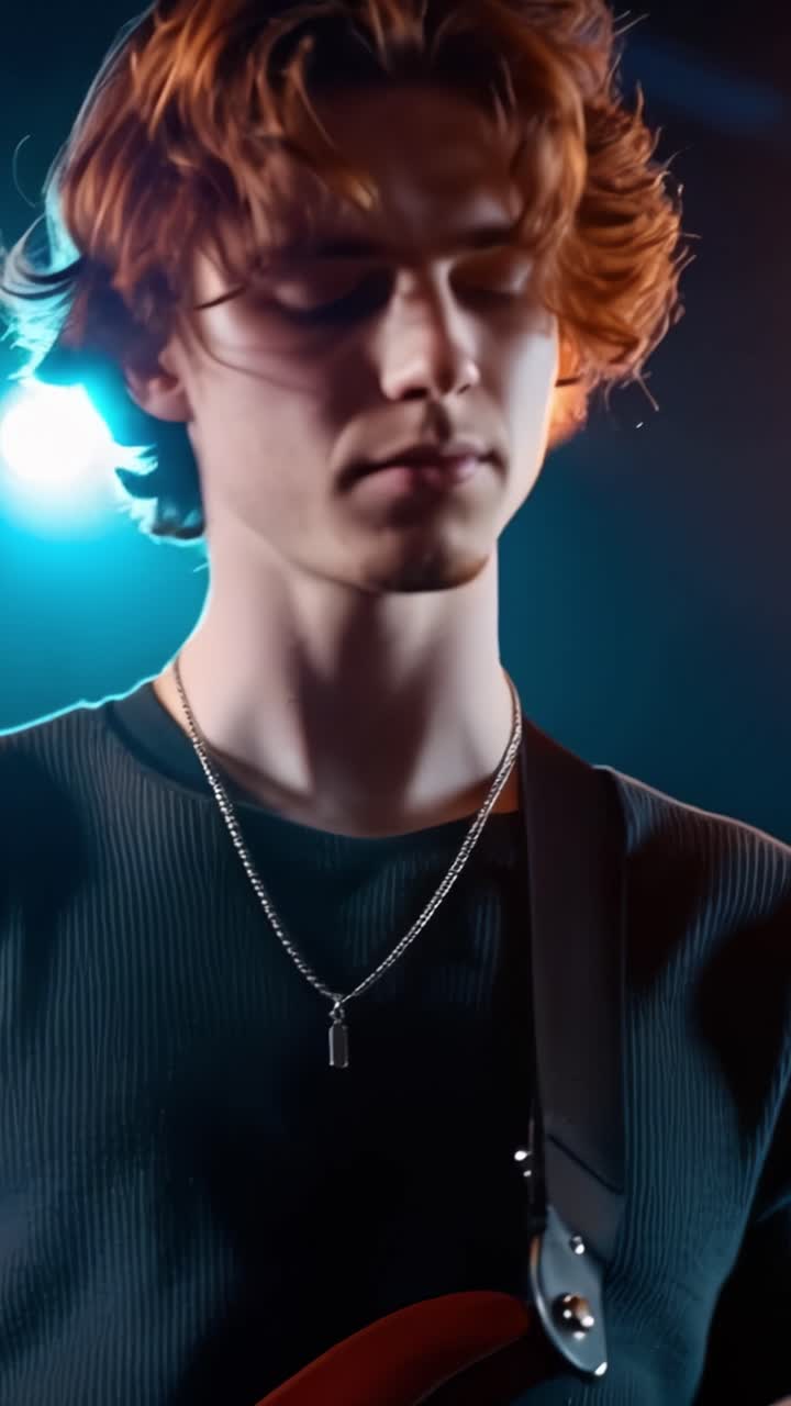 Guitarrista cativante apresentando-se no palco com foco intenso e paixão em uma configuração de iluminação vibrante, envolvendo o público com melodias e talento artístico.