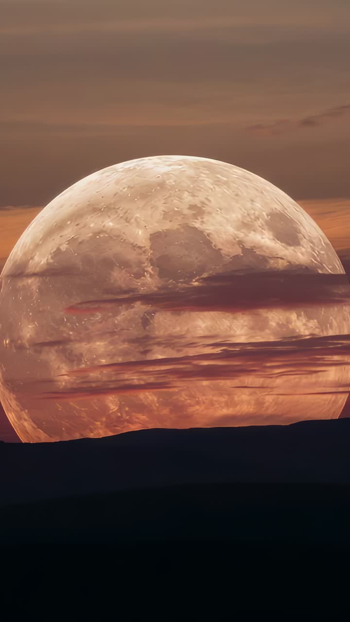 Vertical video: Rising full moon moving above ridge with Earth rotating, clouds crossing lunar face