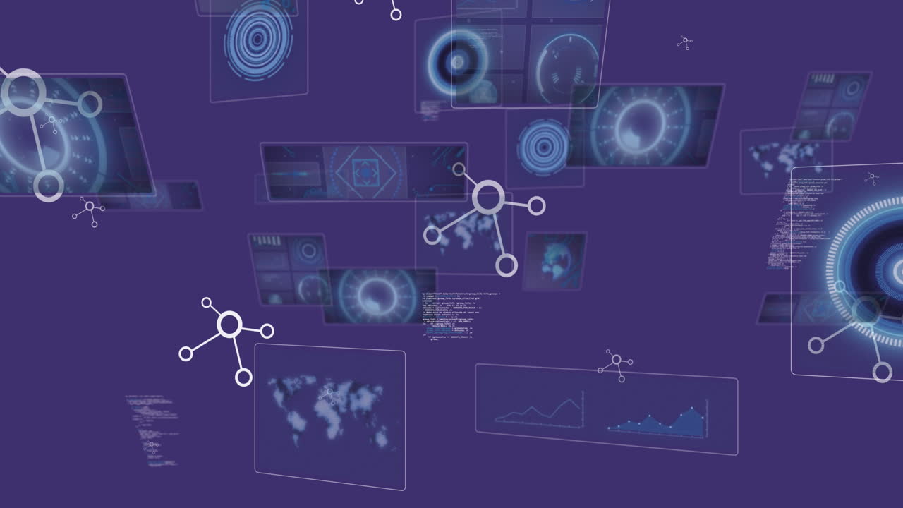 Animation of floating nucleotides over circles, radars, maps and globe against abstract background