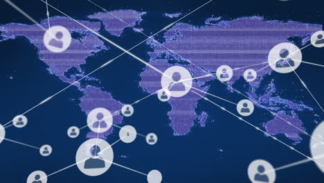 animación de la red de conexiones con iconos sobre el mapa del mundo con interferencia en fondo azul