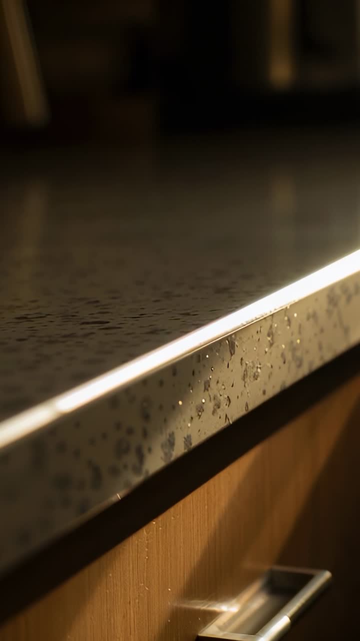 Glinting speckled counter edge catching light in kitchen, droplets and metal pull on wood cabinet