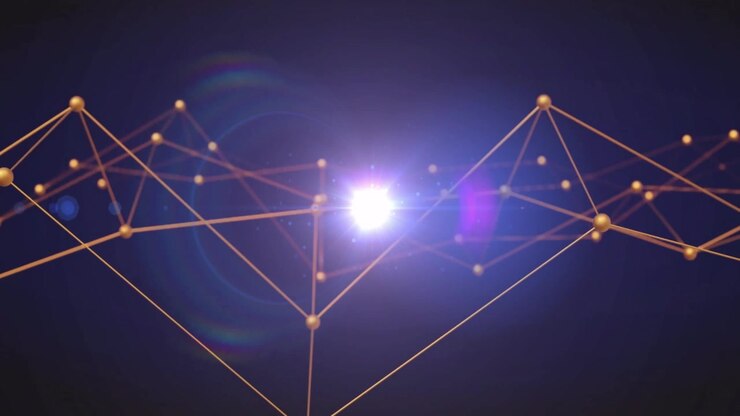 After camera panning golden nodes network pulsing as central light emerging brightening activation