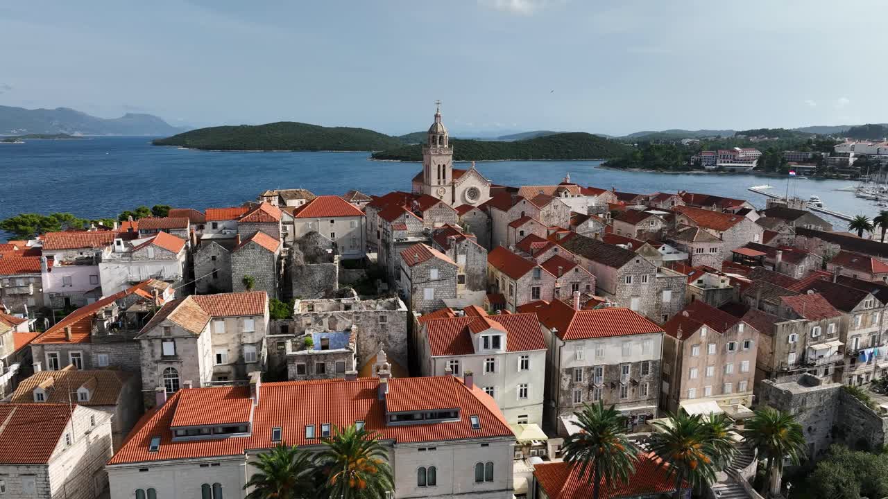 Low aerial view over the city of Korcula in Croatia.