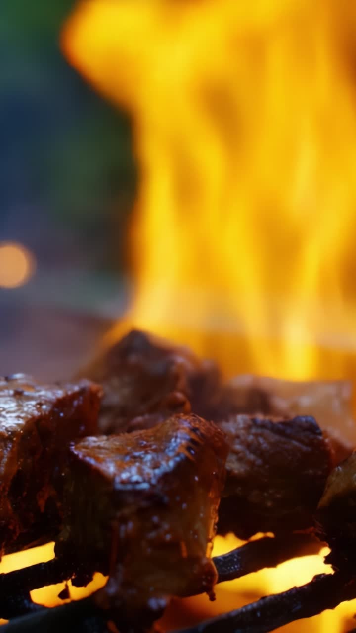 Preparación de carne a la parrilla sobre llamas intensas: una deliciosa experiencia de barbacoa capturada en acción y sabor mientras los jugosos cortes chisporrotean y se caramelizan a la perfección