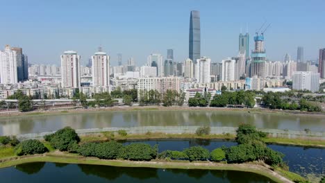 shenzhen skyline mainland china as seen from hong kong lok ma chau village area