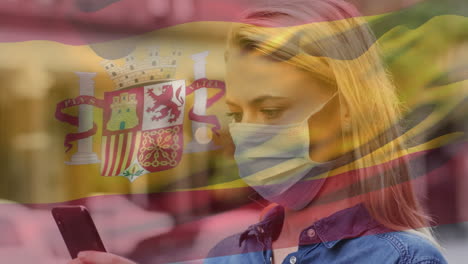 Animación-De-La-Bandera-De-España-Ondeando-Sobre-Una-Mujer-Con-Mascarillas.