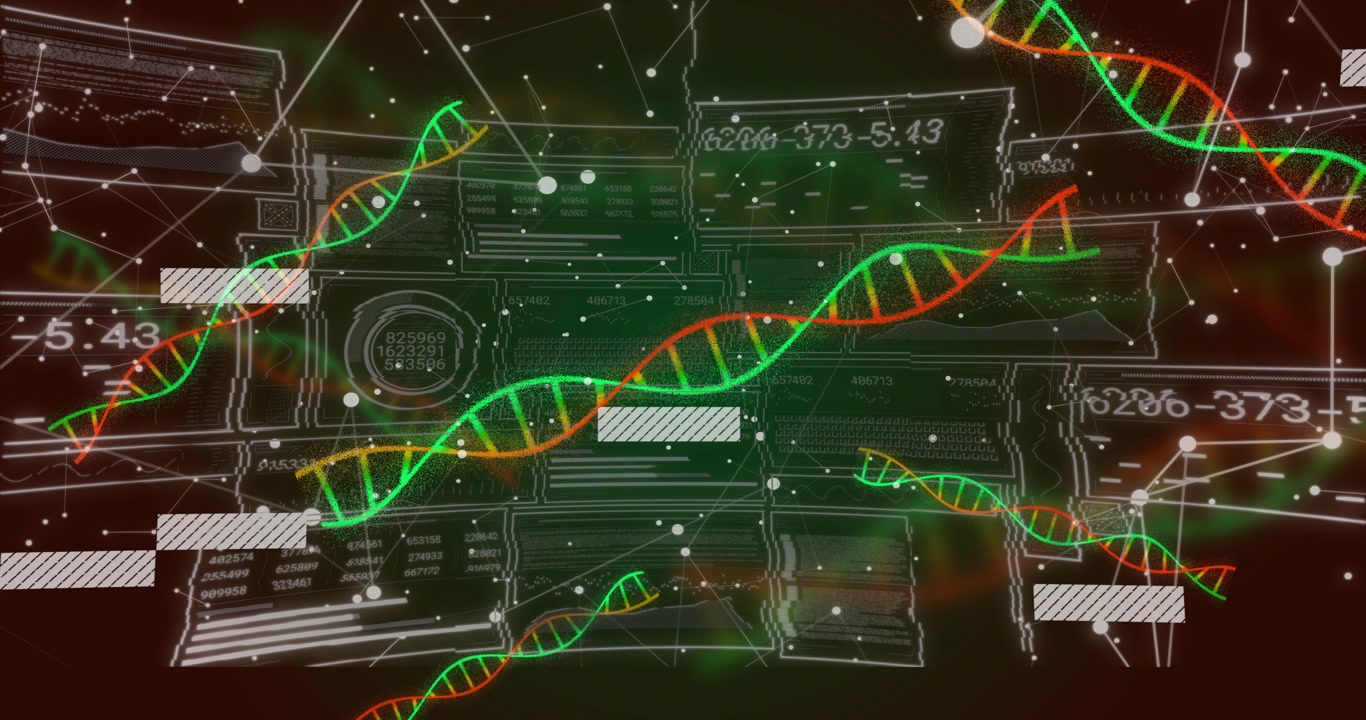 Edge helices emerging, DNA group drifting and sweeping while data blocks sliding, visualizing data