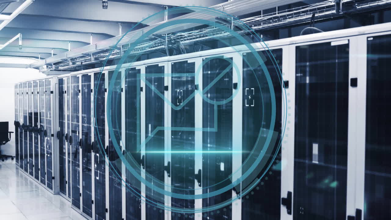Animation of digital data processing with envelope icons over computer servers