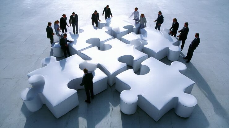 Un incontro strategico di lavoro collaborativo con professionisti che lavorano insieme a un puzzle gigante, a simboleggiare il lavoro di squadra, la risoluzione dei problemi e le soluzioni innovative sul luogo di lavoro