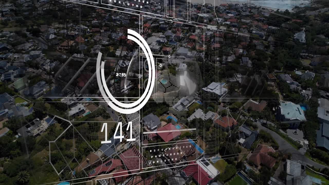 animación de la interfaz con el procesamiento de datos sobre un globo giratorio frente a una vista aérea del paisaje urbano