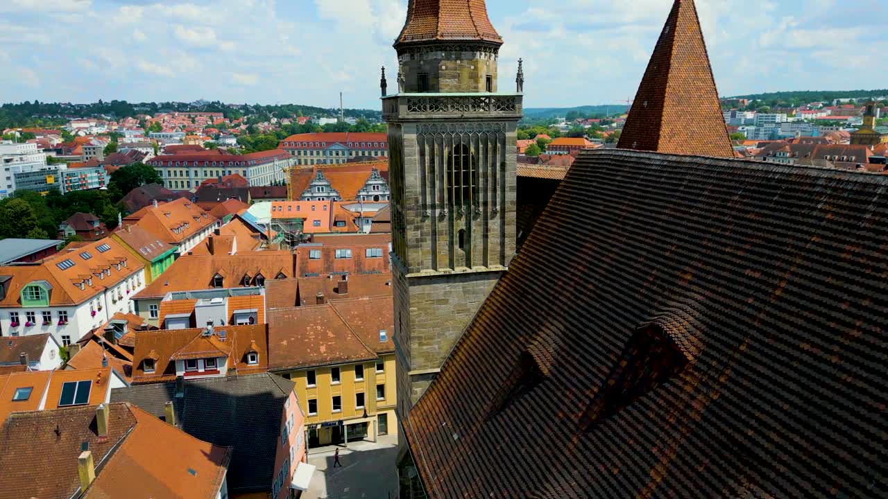4K Aerial Drone Video of the Spiers and Steeples of St. Johannis Kirche Church and Kirche St. Gumbertus Church in Ansbach, Germany