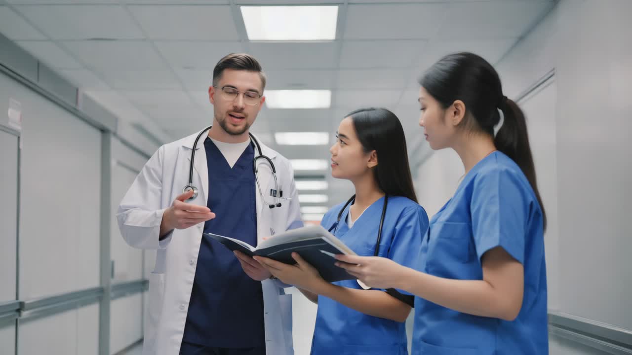 Medical Staff Discussing Patient Care in Hospital Corridor