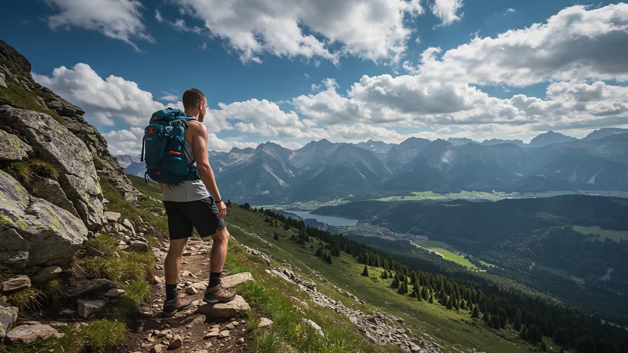 A Solo Hiker Navigates a Scenic Mountain Trail with Breathtaking Views, Embracing Nature's Beauty and Adventurous Spirit in Every Step